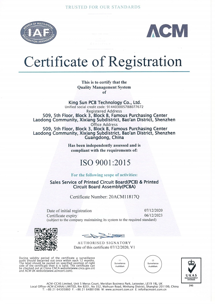 King Sun PCB ISO9001-2015 Certification